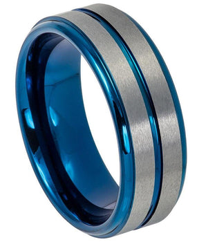 Two-tone Blue IP Plated Center Grooved Brushed Finish Stepped Edge - 8mm - Le Vive Jewelry in Riverside
