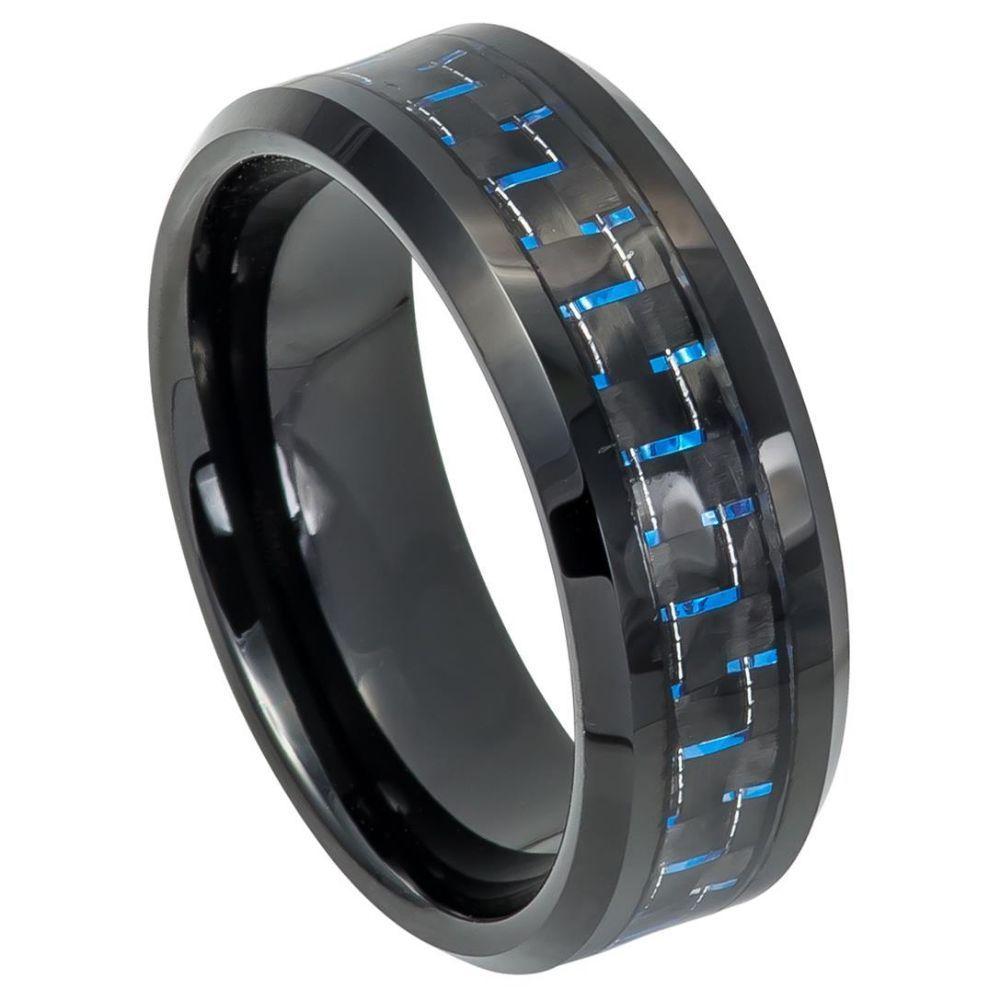 Beveled Edge Black IP Plated with Blue & Black Carbon Fiber Inlay - 8mm - Le Vive Jewelry in Riverside