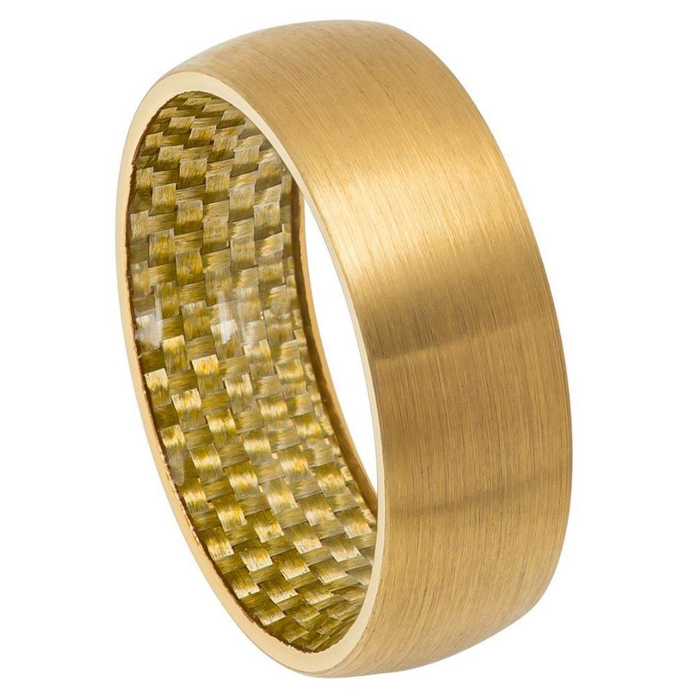 Yellow Gold Tone IP Plated Domed Ring with Golden Carbon Fiber Inlay Inside - 8mm - Le Vive Jewelry in Riverside