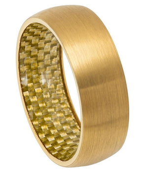 Yellow Gold Tone IP Plated Domed Ring with Golden Carbon Fiber Inlay Inside - 8mm - Le Vive Jewelry in Riverside