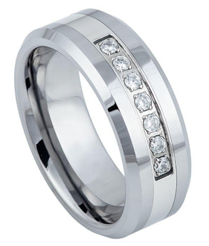 High Polished Beveled Edge with 7 Round CZs - 8mm - Le Vive Jewelry in Riverside