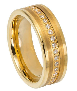 Yellow IP Plated Pipe-cut Brushed Center Prong-set Round-cut Cubic Zirconia Eternity - 8mm - Le Vive Jewelry in Riverside