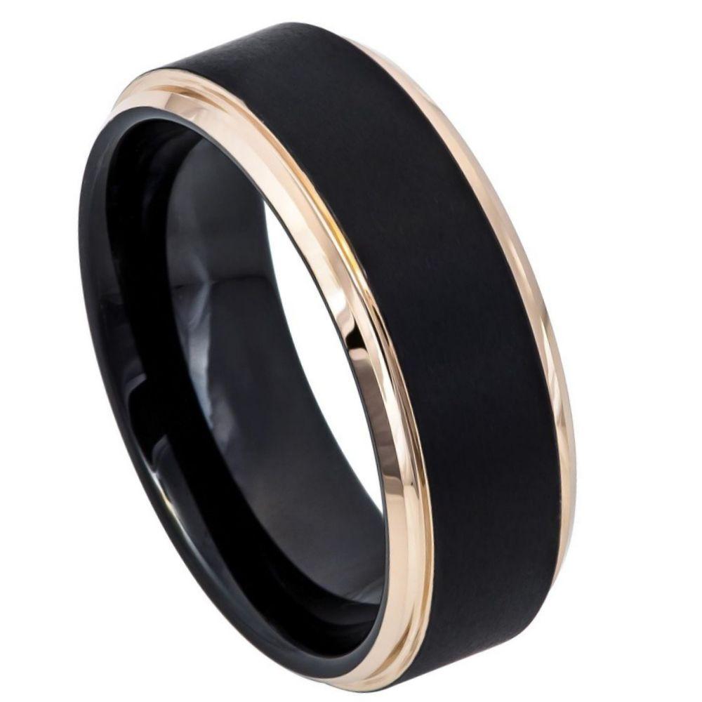Two-Tone Black & Rose Gold IP Brushed Center Step Edge - 8mm - Le Vive Jewelry in Riverside