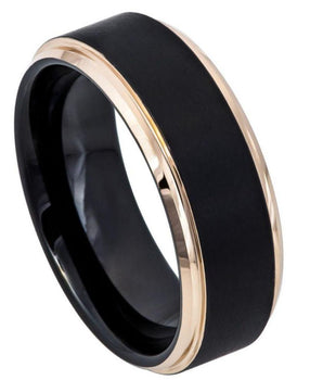 Two-Tone Black & Rose Gold IP Brushed Center Step Edge - 8mm - Le Vive Jewelry in Riverside