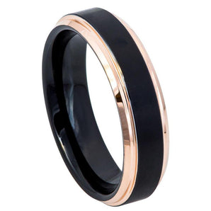 Two-Tone Black & Rose Gold IP Brushed Center Step Edge - 6mm - Le Vive Jewelry in Riverside