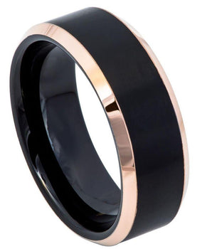 Two-Tone Black & Rose Gold IP Brushed Center Shiny Beveled Edge - 8mm - Le Vive Jewelry in Riverside