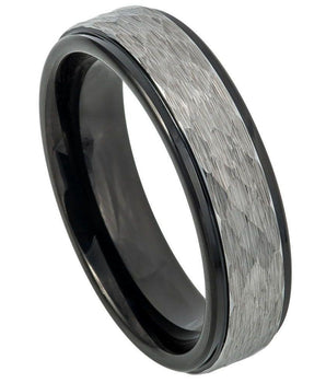 Two-tone Hammered Gun Metal Brush Finish & Black IP Inner Ring Stepped Edge - 6mm - Le Vive Jewelry in Riverside