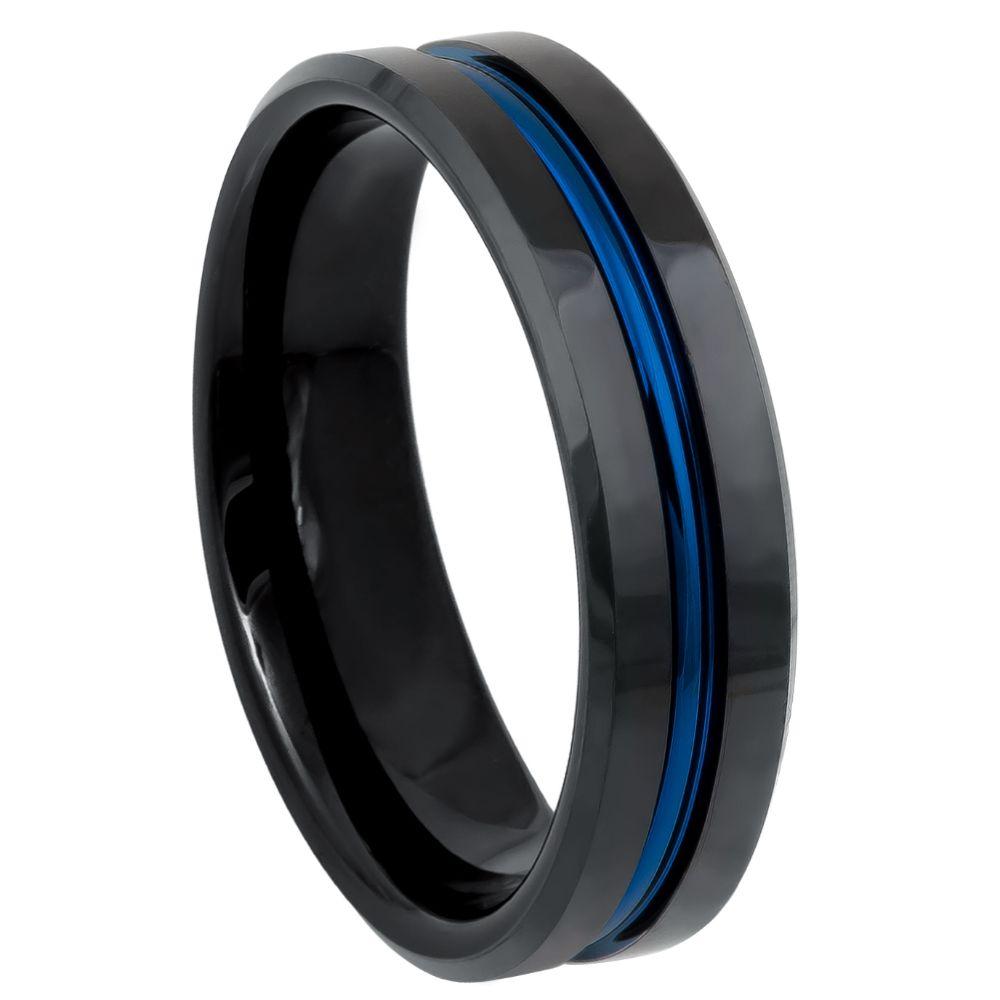 Black IP Plated Ring with Blue IP Plated Grooved Center - 6mm - Le Vive Jewelry in Riverside