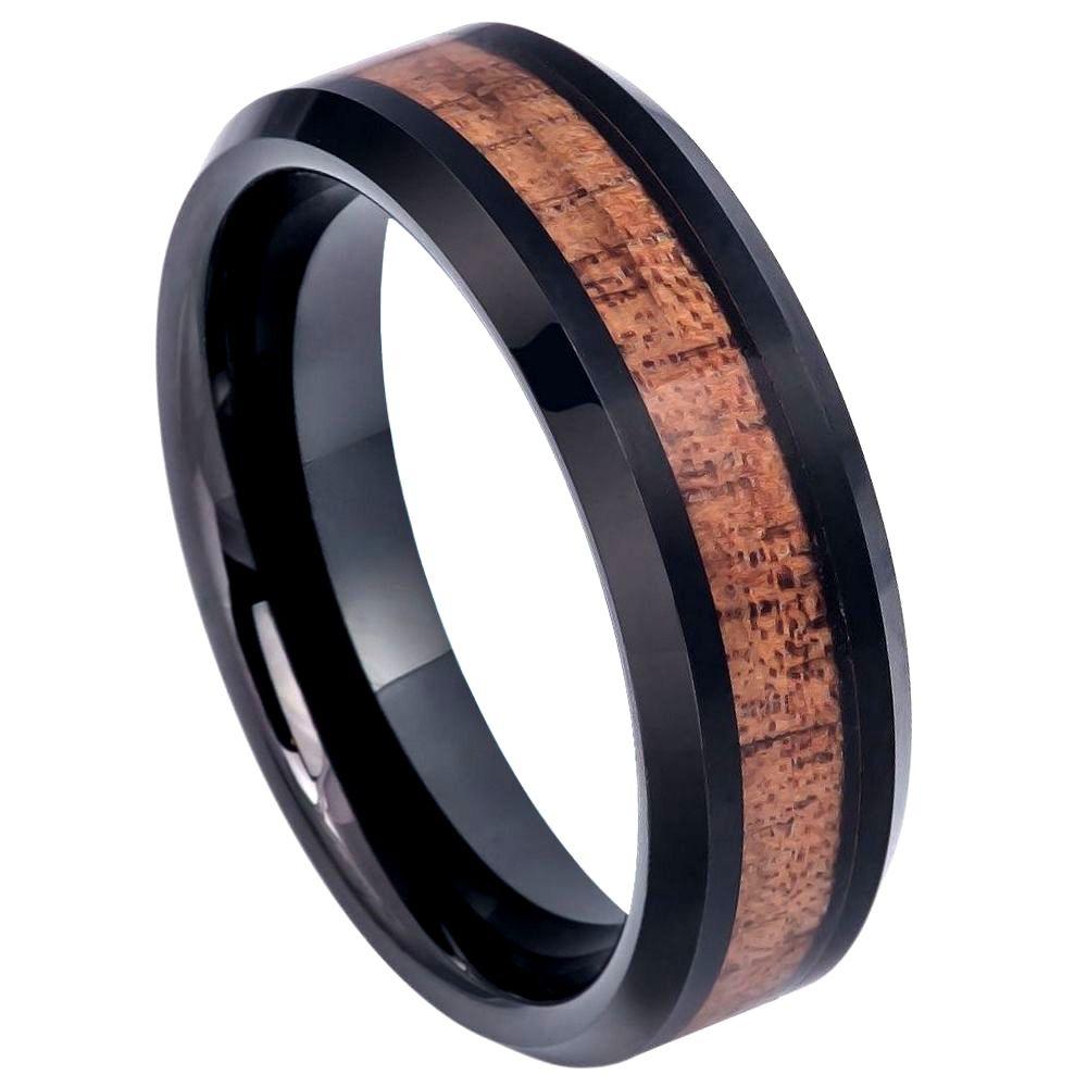 Black IP Plated Beveled Edge with Hawaiian Koa Wood Inlay - 6mm - Le Vive Jewelry in Riverside
