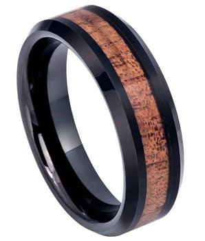 Black IP Plated Beveled Edge with Hawaiian Koa Wood Inlay - 6mm - Le Vive Jewelry in Riverside