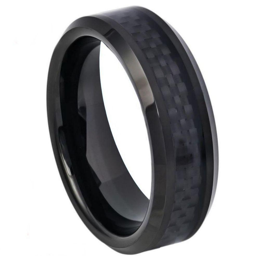 Black IP Plated with Black Carbon Fiber Inlay Beveled Edge - 6mm - Le Vive Jewelry in Riverside