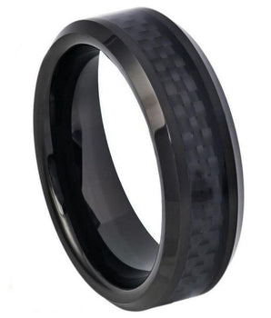 Black IP Plated with Black Carbon Fiber Inlay Beveled Edge - 6mm - Le Vive Jewelry in Riverside