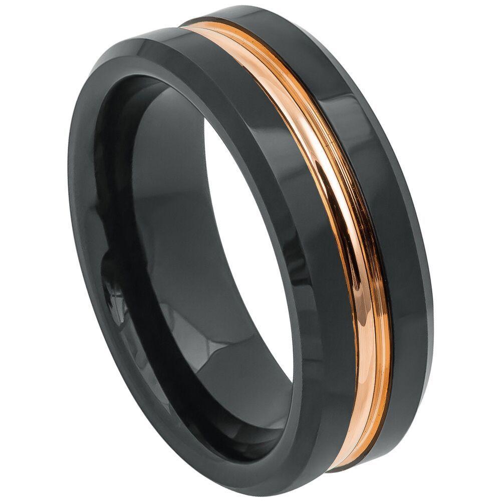 Black Ring with Rose Gold Plated Grooved Center - 8mm - Le Vive Jewelry in Riverside