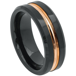 Black Ring with Rose Gold Plated Grooved Center - 8mm - Le Vive Jewelry in Riverside