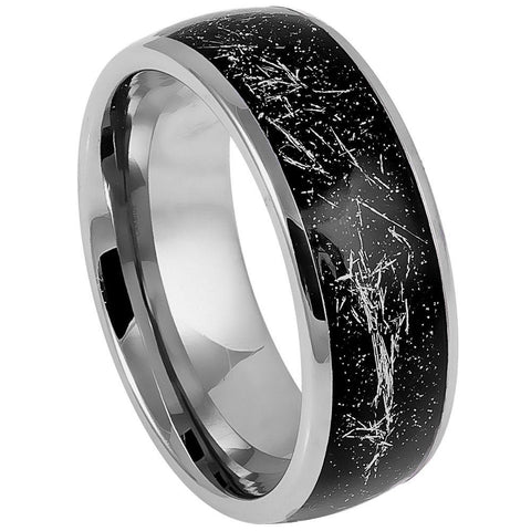 Domed Ring with Imitation Meteorite on Black Carbon Fiber Inlay - 8mm - Le Vive Jewelry in Riverside