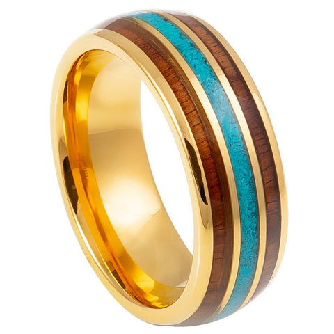 Yellow Gold IP Plated with Rosewood & Crushed Turquoise Inlay - 8mm - Le Vive Jewelry in Riverside