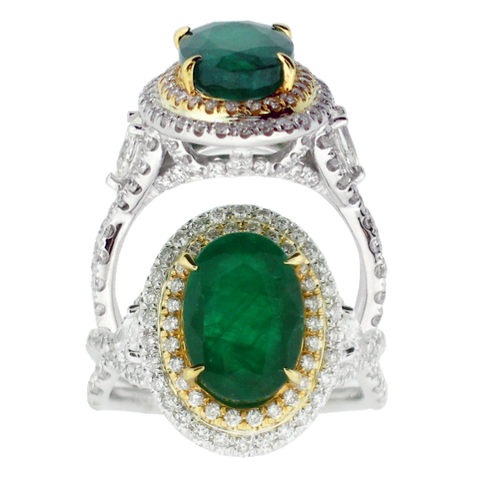 Genuine Natural Emerald & Diamond, 18 Karat two tone Gold Ring - Le Vive Jewelry in Riverside