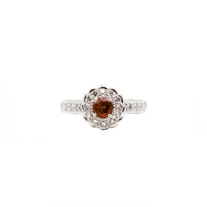 14k White Gold Round Ruby on Flower Bezel and Pave Set Diamonds - Le Vive Jewelry in Riverside