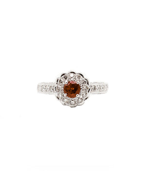 14k White Gold Round Ruby on Flower Bezel and Pave Set Diamonds - Le Vive Jewelry in Riverside