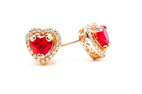 14k Rose Gold Natural Heart Shape Ruby Earrings With Diamond Halo - Le Vive Jewelry in Riverside