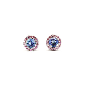Blue Topaz And Natural Pink Sapphire Halo Earrings 18K White Gold - Le Vive Jewelry in Riverside
