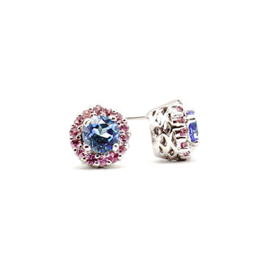 Blue Topaz And Natural Pink Sapphire Halo Earrings 18K White Gold - Le Vive Jewelry in Riverside