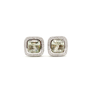 Prasiolite Cushion Cut With Diamond And Tsavorite Halo Earrings Set in 18k White Gold - Le Vive Jewelry in Riverside