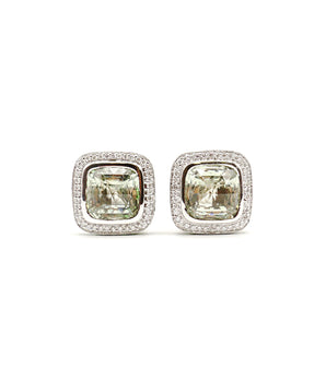 Prasiolite Cushion Cut With Diamond And Tsavorite Halo Earrings Set in 18k White Gold - Le Vive Jewelry in Riverside