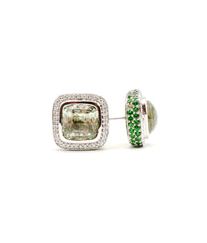 Prasiolite Cushion Cut With Diamond And Tsavorite Halo Earrings Set in 18k White Gold - Le Vive Jewelry in Riverside