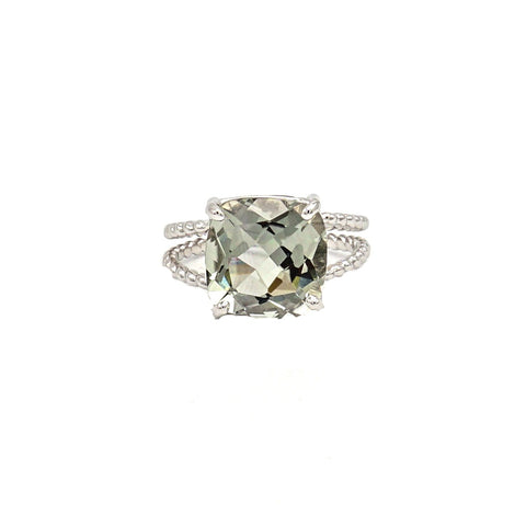 14K White Gold Cushion Cut Prasiolite (Green Amethyst) on Braided Ring - Le Vive Jewelry in Riverside