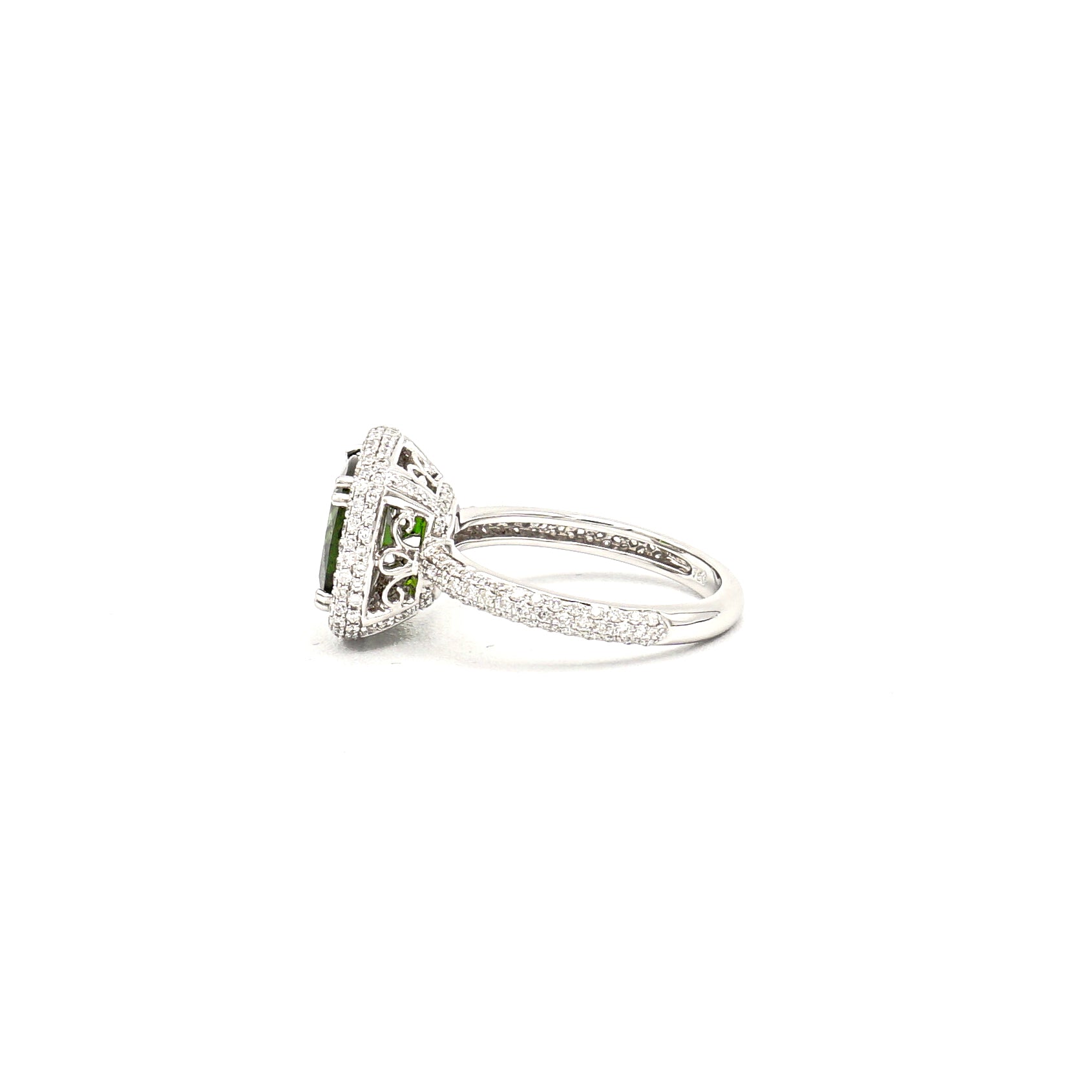 18k White Gold Green Chrome Diopside on Diamond Halo Ring - Le Vive Jewelry in Riverside