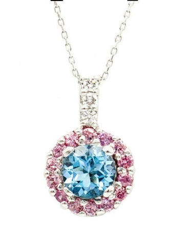 18K White Gold Topaz Pendant With Pink Sapphire Halo and Diamonds - Le Vive Jewelry in Riverside