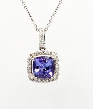 14K White Gold Tanzanite & Diamond Halo Pendant with Gold Necklace - Le Vive Jewelry in Riverside