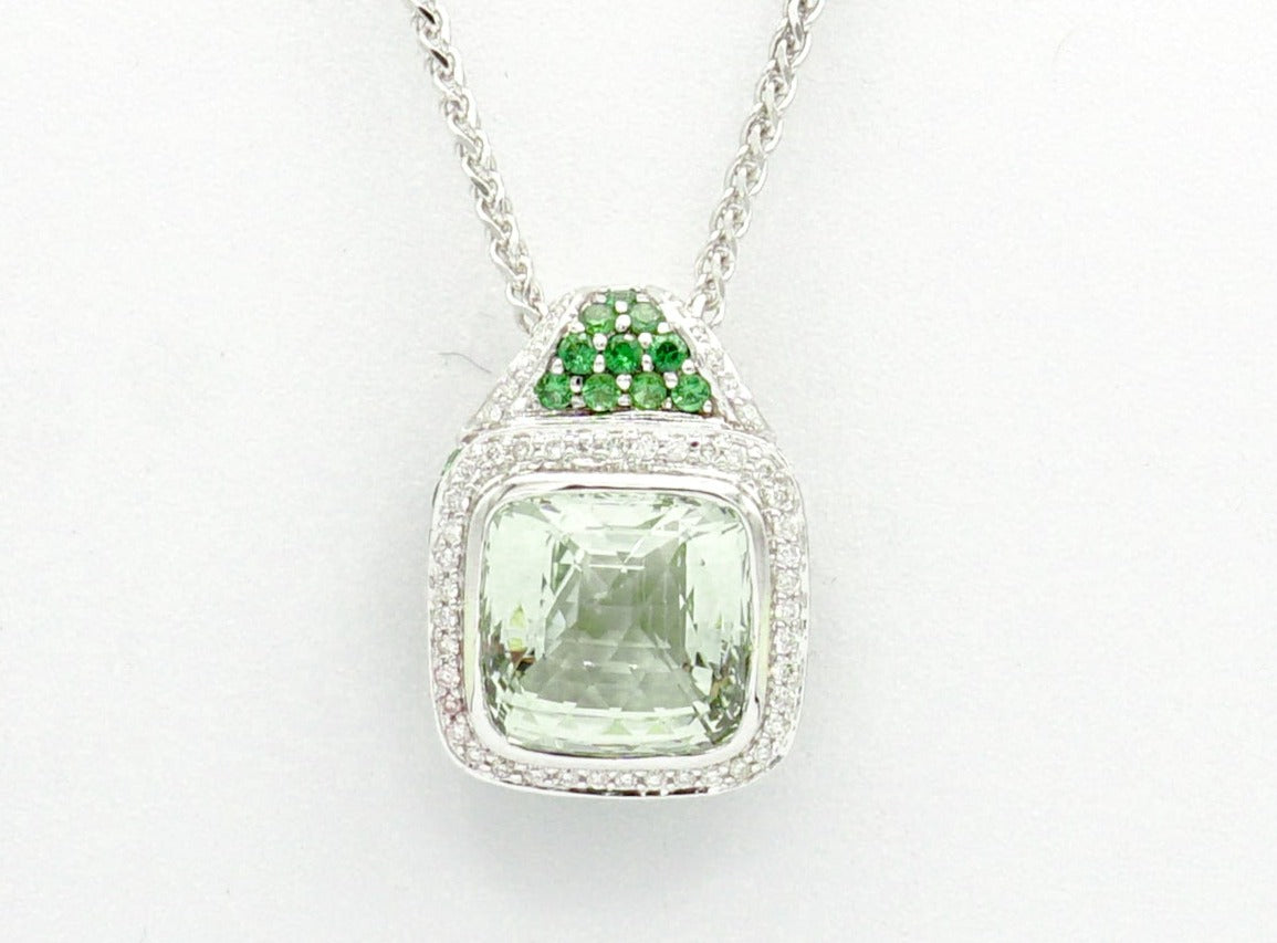 18k White Gold Prasiolite (Green Amethyst) With Diamonds and Tsavorite Pendant with 16'' neckalce - Le Vive Jewelry in Riverside