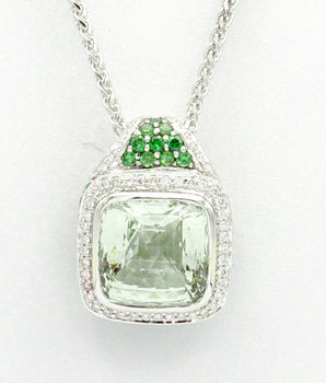 18k White Gold Prasiolite (Green Amethyst) With Diamonds and Tsavorite Pendant with 16'' neckalce - Le Vive Jewelry in Riverside