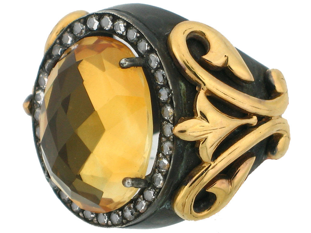 Citrine & Diamond Ring, Blackend Sterling Silver & 22 Karat Yellow Gold - Le Vive Jewelry in Riverside