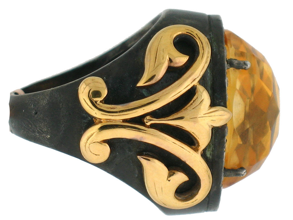 Citrine & Diamond Ring, Blackend Sterling Silver & 22 Karat Yellow Gold - Le Vive Jewelry in Riverside