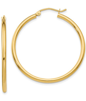 14K Polished 2mm Lightweight Tube Hoop Earrings 35mm - 65mm - Le Vive Jewelry in Riverside