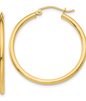 14K Polished 2mm Lightweight Tube Hoop Earrings 35mm - 65mm - Le Vive Jewelry in Riverside