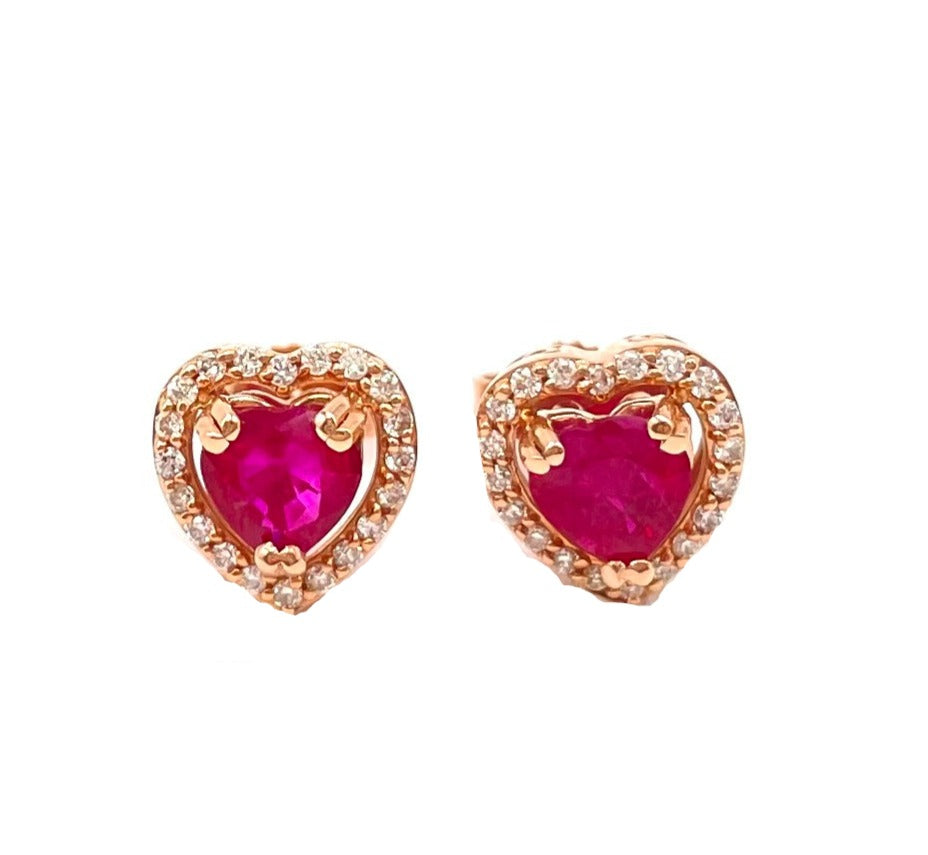 14k Rose Gold Natural Heart Shape Ruby Earrings With Diamond Halo - Le Vive Jewelry in Riverside